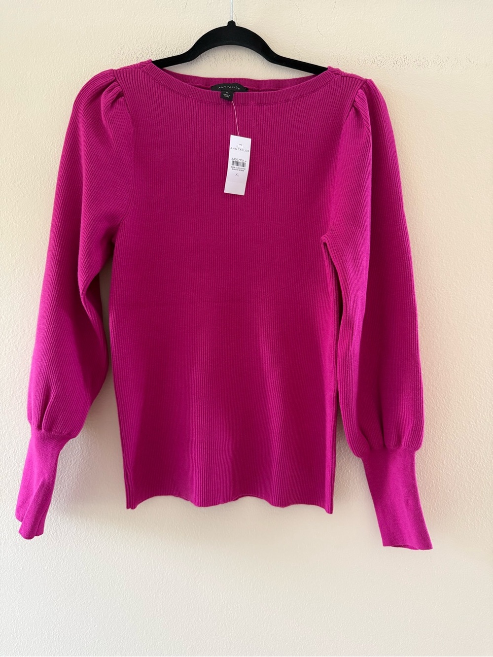 Ann Taylor Bright Fuchsia Puff-Sleeve Ribbed Boat Neck Sweater NEW